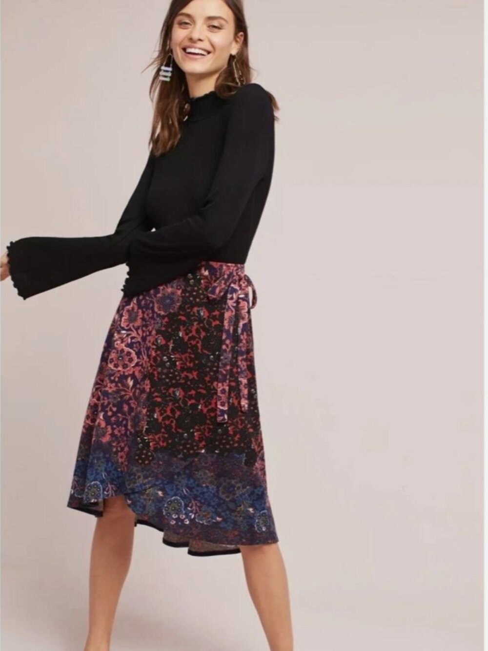 Anthropologie MAEVE Knit Faux Wrap Skirt Floral Paisley Elastic Waist Small